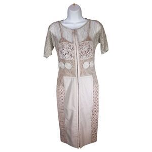 Byron Lars Dress 2 Womens Beige Beguile Knee Length Bodycon Short Sleeve Cotton